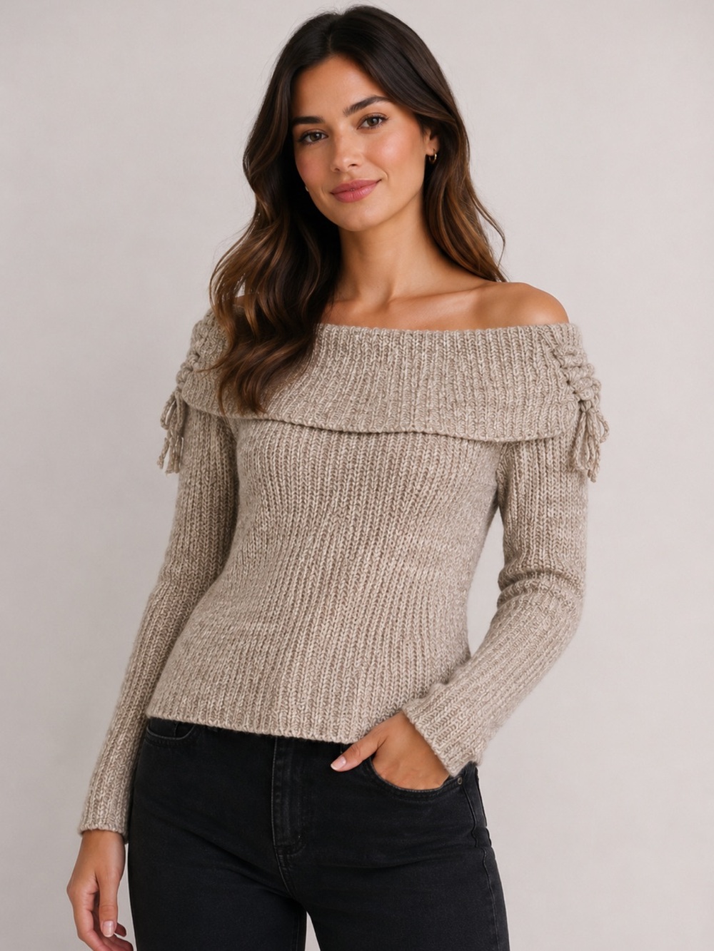 Umgee Off-Shoulder Boho Knit Sweater Tie Shoulder - Small